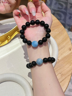 Nicole「水到渠成」原创五行属水手链天然黑曜石海蓝宝手串礼物饰