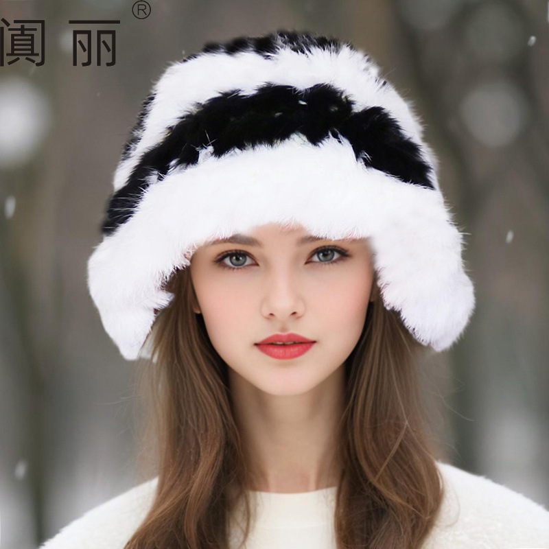 间色条纹兔毛帽子女冬加厚保暖毛毛皮草帽云朵帽显脸小毛绒渔夫帽