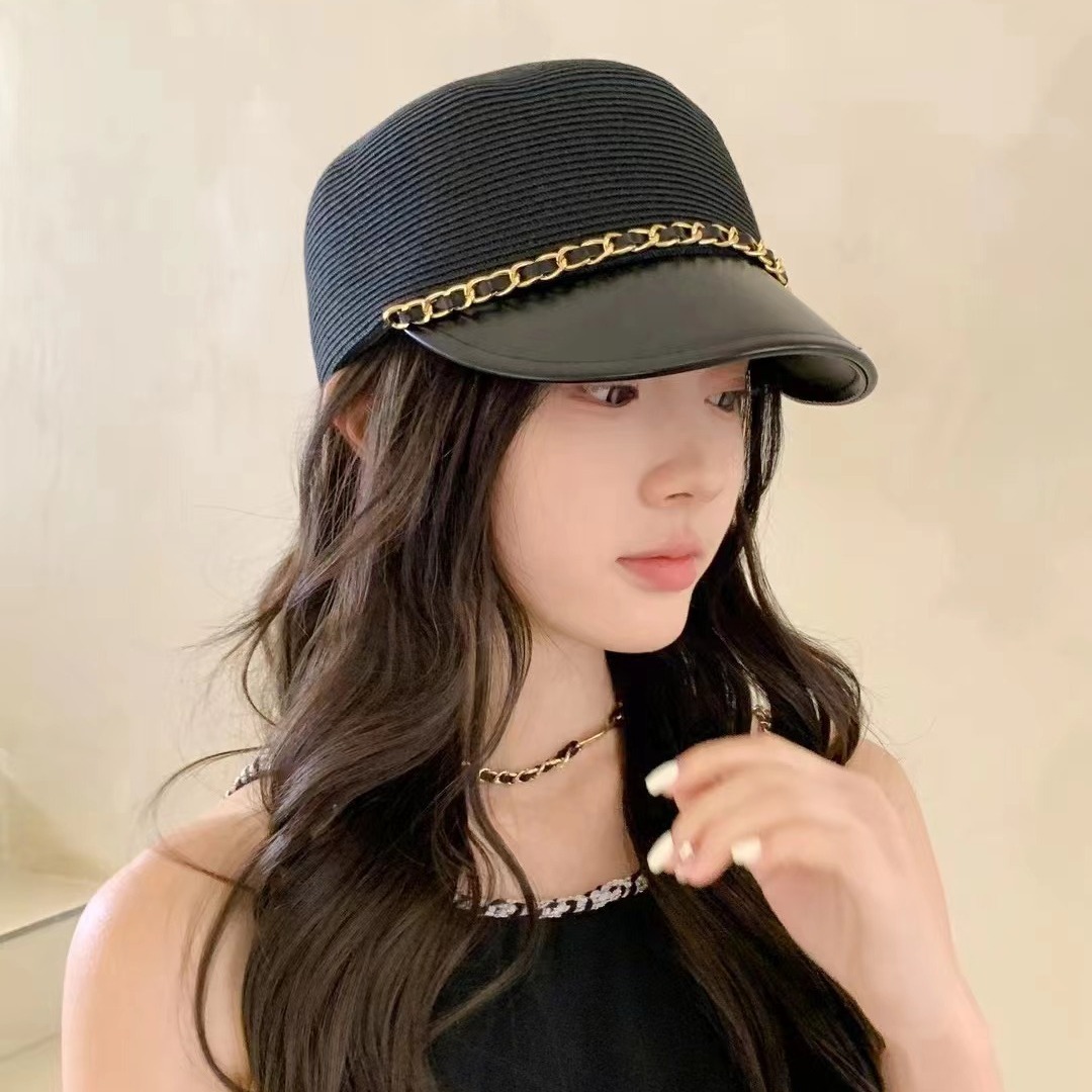 小香风黑色防晒鸭舌帽女时尚逛街贝雷帽显脸小韩版金属链条马术帽