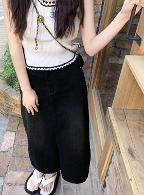 复古牛仔裙女韩版黑色百搭显瘦2022春夏爆款简约开叉半身裙a字ins