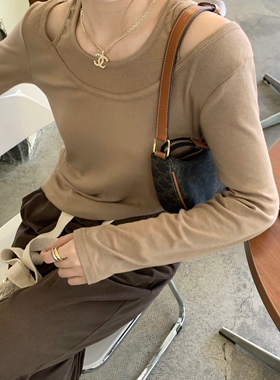 假两件露肩T恤女秋季新款韩版修身显瘦薄款长袖网红打底衫上衣ins
