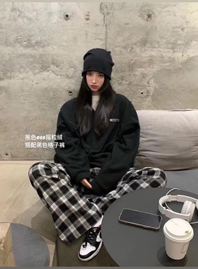 自制磨毛格子裤女秋冬2021年新款复古高腰毛呢直筒休闲宽松阔腿裤