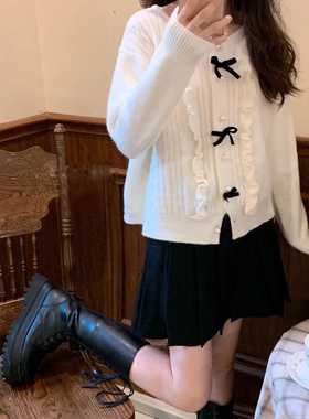 红色毛衣开衫女早春2021网红ins爆款仙女蝴蝶结针织韩版珍珠纯欲