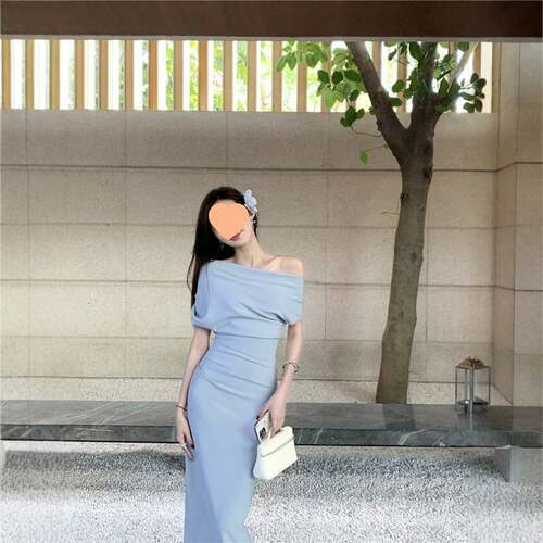 显身材修身连衣裙纯欲性感斜肩一字包臀长裙2026夏天裙子气质名媛