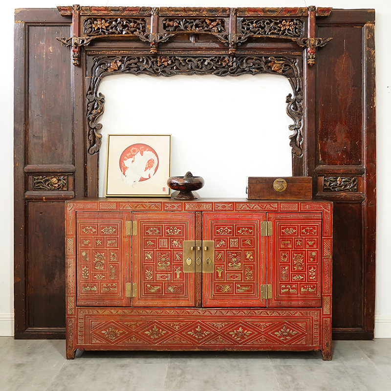 明清中式民国老柜子怀旧复古玄关柜实木彩绘储物柜餐边柜老家具红