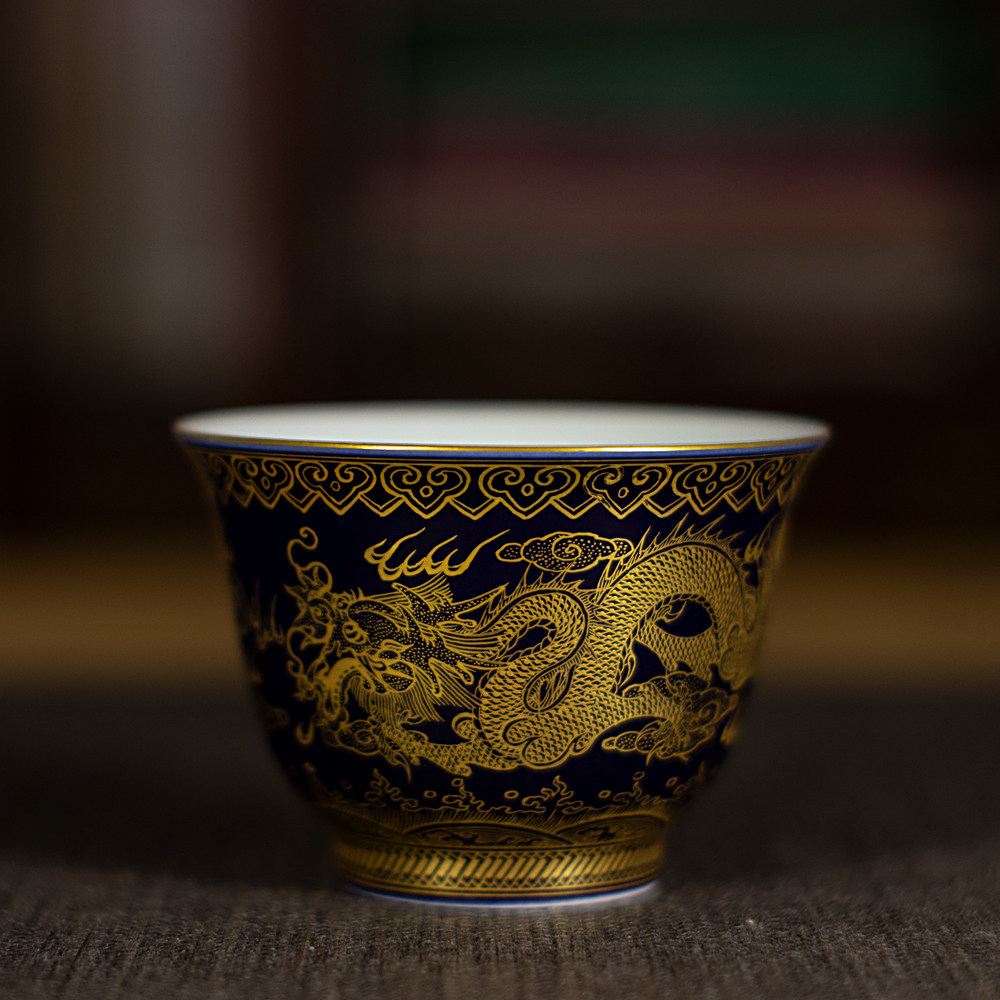 手绘陶瓷茶具茶杯霁蓝描金双龙戏珠瓷器主人杯宫廷风品茗杯子中式,餐饮具,茶杯,淘宝优惠券,粉丝福利购,淘宝优惠卷