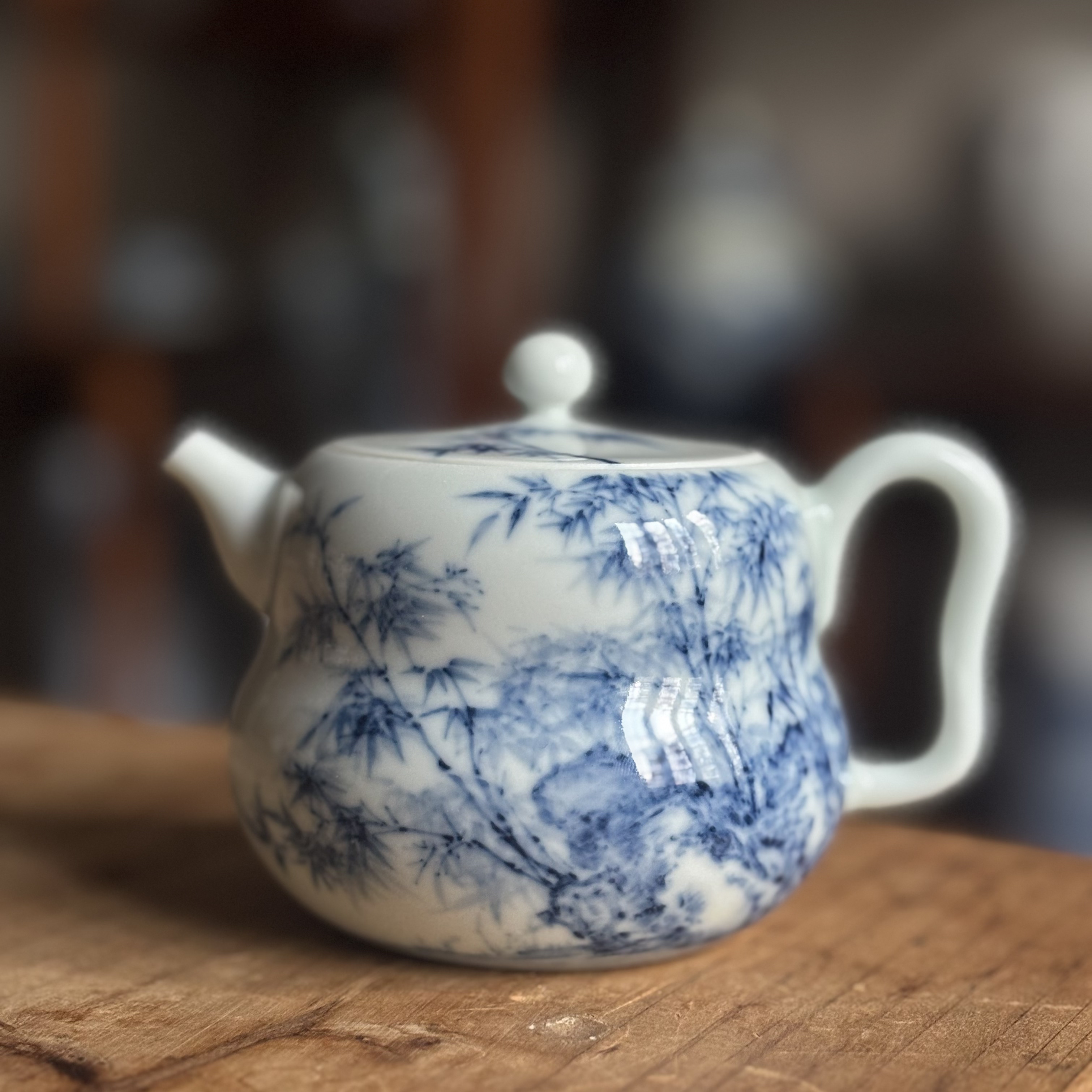 景德镇柴窑茶具茶壶手绘青花瓷壶竹石图折腰壶文人中式复古瓷器壶