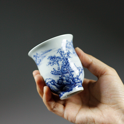 归舟柴窑青花瓷手绘山水喝茶杯子