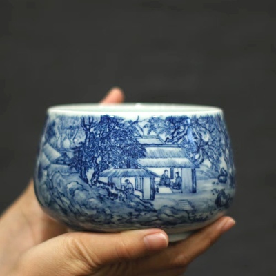 归舟柴窑青花山水茶具配件茶洗景德镇陶瓷笔洗茶器茶道渣斗碗建水