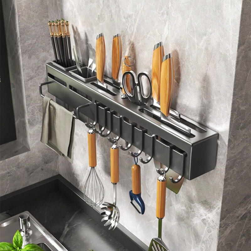 不锈钢免打孔厨房刀架置物架多功能挂架壁挂筷筒刀具一体收纳架
