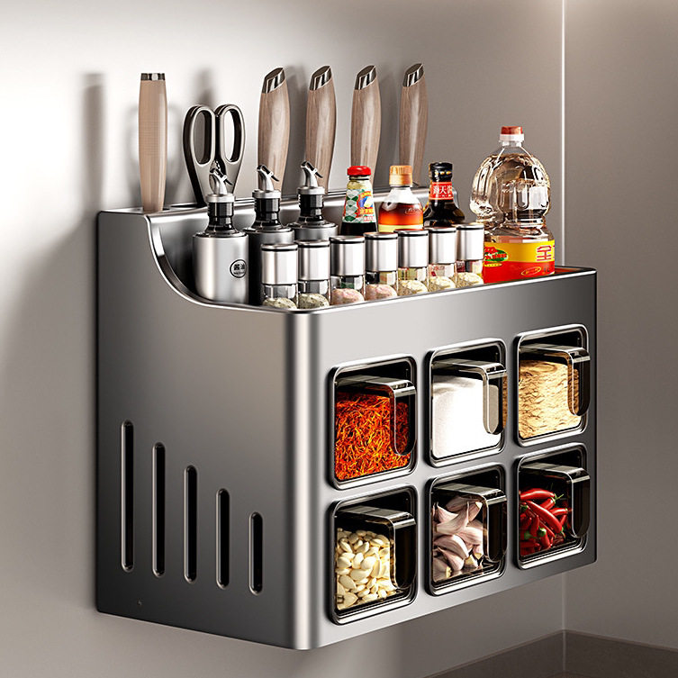 厨房置物架壁挂式免打孔家用多功能调料盒台面刀架调味料品收纳架