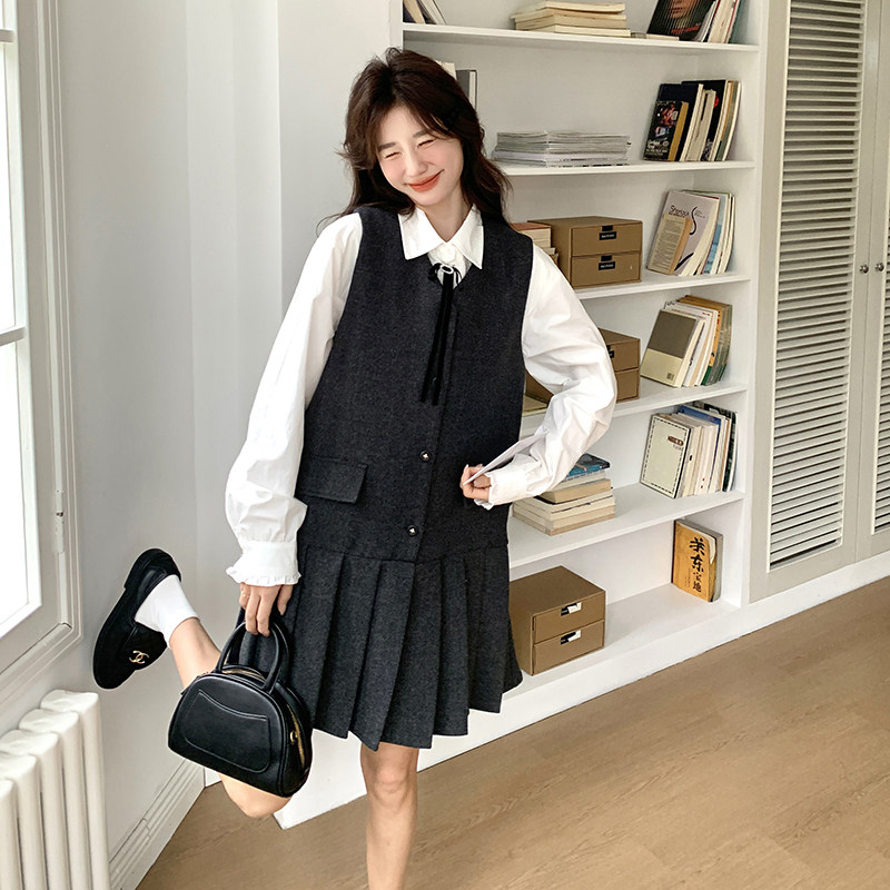韩系减龄衬衫背心裙套装女春秋连衣裙两件套百褶裙学院风小个子