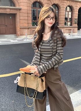 设计感韩版休闲运动套装女春秋美式复古条纹开衫阔腿裤三件套潮装