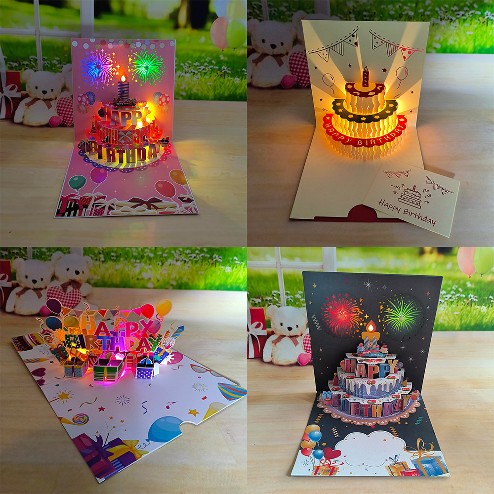 3d生日蛋糕音乐灯光贺卡礼花绽放七彩歌曲ins风有声手工diy祝福卡