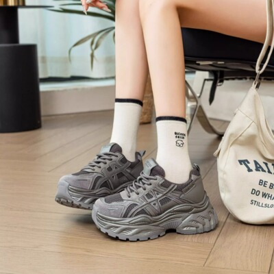 真皮厚底老爹鞋女网面跑步鞋