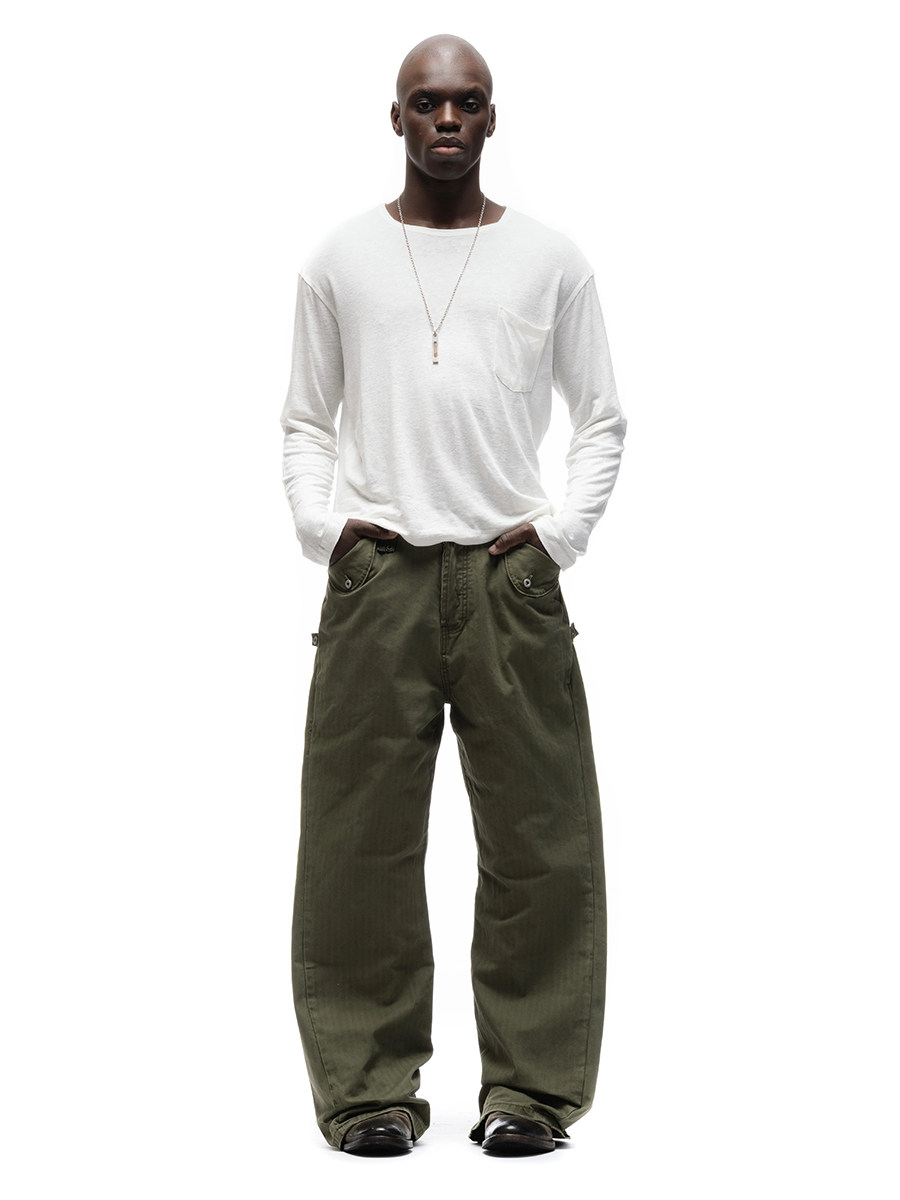 thumbnail for No faith studios 25FW Army Green Herringbone Silhouette Washed Distressed Paris Buckle Heavy Cargo Pants