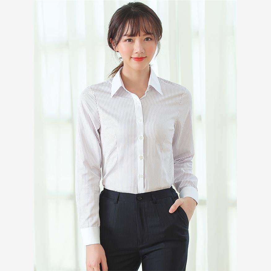 春夏中国工装工作服女职场长袖衬衫紫粉条纹行服长衬制服