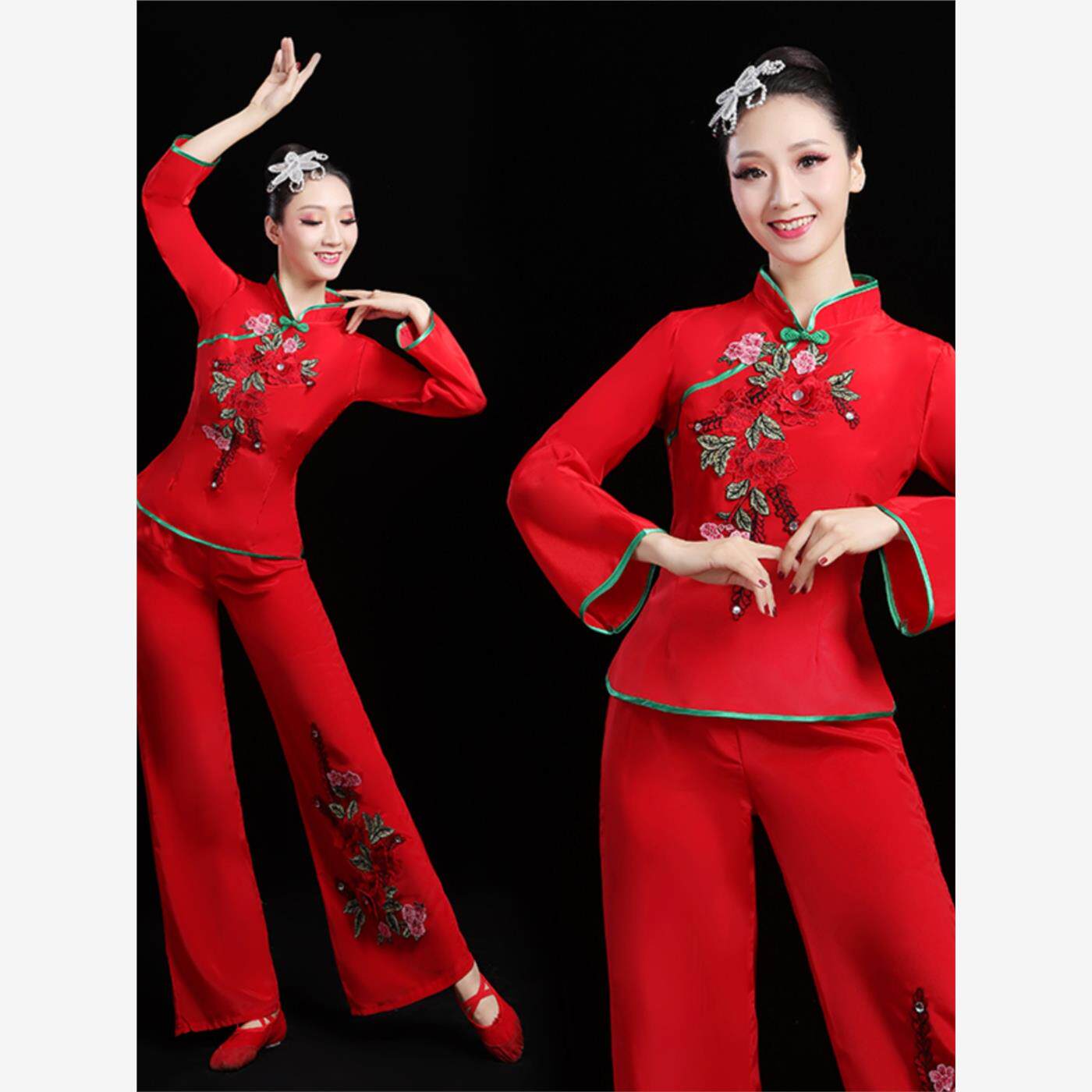 新款秧歌服演出服女中国风广场舞套装服中老年跳舞衣服装红色