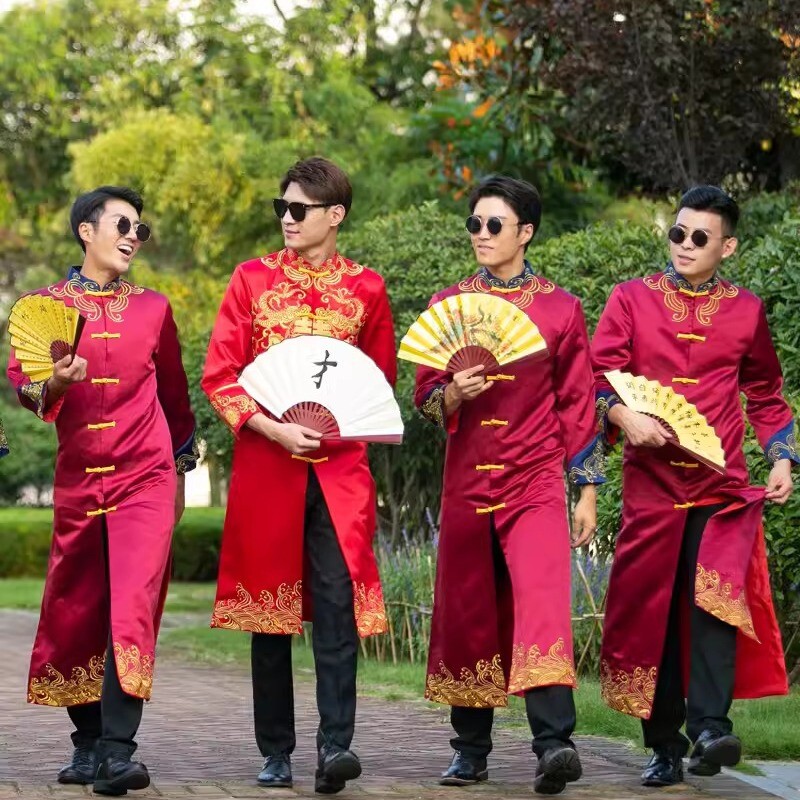 伴郎服中式结婚礼服中国风复古长衫长袍马褂古装相声大褂兄弟团装