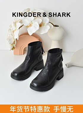 KDS经典鲨女鞋2025冬专柜新品黑色圆头中粗跟后拉链日常通勤短靴