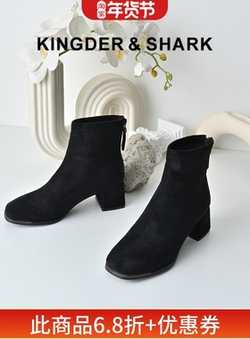 KDS经典鲨女鞋2025冬专柜新品黑色圆头加绒保暖中粗跟短靴瘦瘦靴