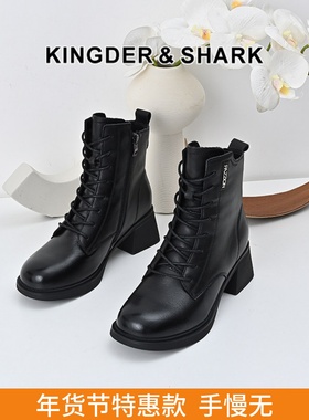 KDS经典鲨女鞋2024年冬季新款黑色百搭加绒侧拉链中粗跟保暖短靴