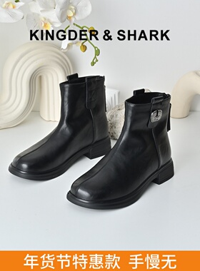 KDS经典鲨女鞋2025冬专柜新品百搭黑色加绒加厚后拉链短筒马丁靴