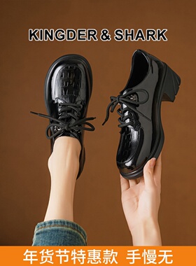 KDS经典鲨女鞋2025年春季新款百搭黑色圆头系带中粗跟单鞋小皮鞋