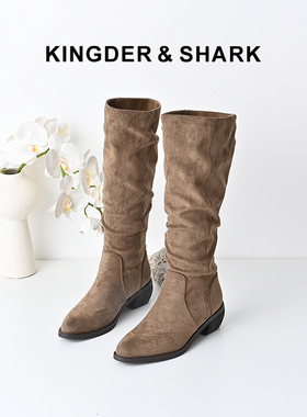 KDS经典鲨女鞋2024年冬新款优雅尖头百搭黑色套筒潮流褶皱长筒靴