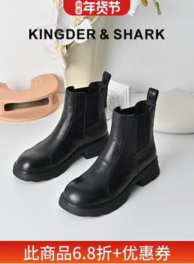 KDS经典鲨女鞋2025冬专柜新款牛皮革黑色一脚蹬潮酷烟管靴马丁靴