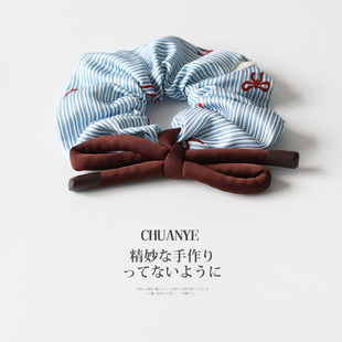 川野法式蓝色蝴蝶结条纹大肠发圈新款甜美小清新扎马尾的皮筋发饰