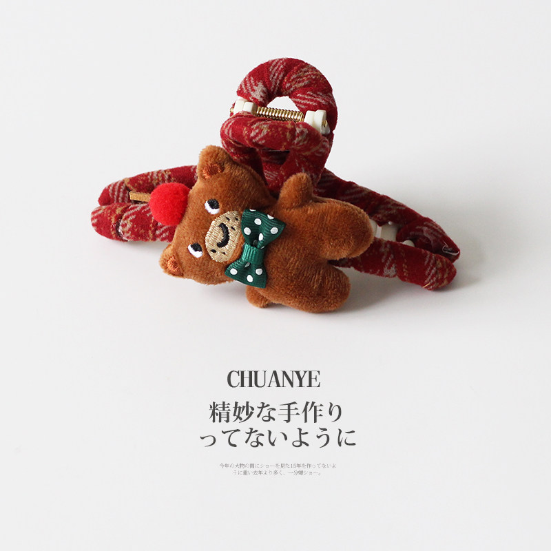 川野日韩秋冬卡通小熊大肠发圈新款可爱原创后脑勺盘发鲨鱼夹发饰