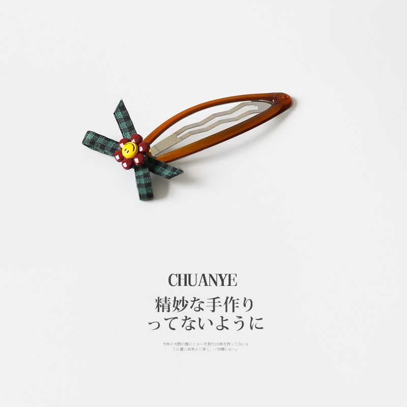 川野法式笑脸花朵格纹蝴蝶结bb夹