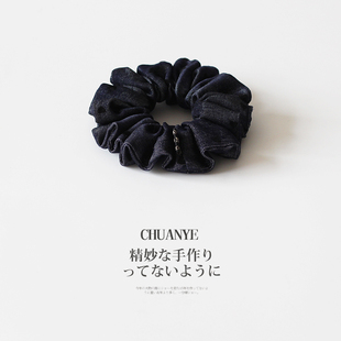 川野法式复古牛仔蓝褶皱大肠发圈简约高级感扎马尾的皮筋头饰发饰