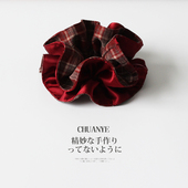 时尚 川野法式 红色格纹双层大肠发圈新款 百搭头绳不勒发无扎痕发饰