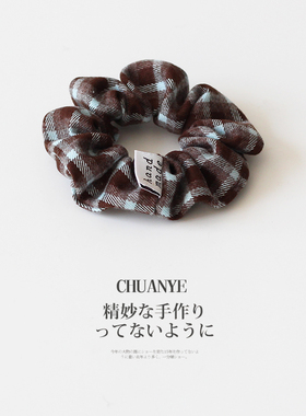 川野法式蓝色布艺格纹小肠发圈新款百搭温柔扎马尾的皮筋头饰发饰