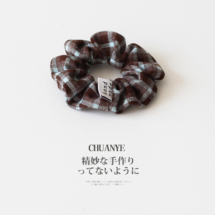 川野法式蓝色布艺格纹小肠发圈新款百搭温柔扎马尾的皮筋头饰发饰