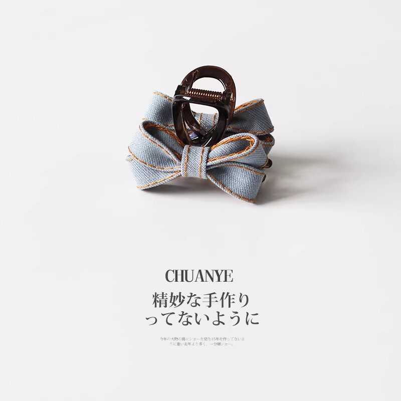 川野法式牛仔浅蓝色蝴蝶结抓夹新款简约时尚后脑勺盘发小抓夹发饰