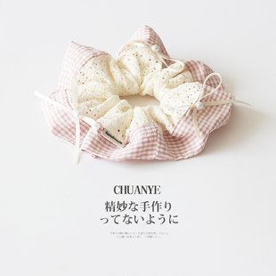 川野甜美格纹蕾丝蝴蝶结大肠发圈女新款高颜值扎发头绳马尾发饰