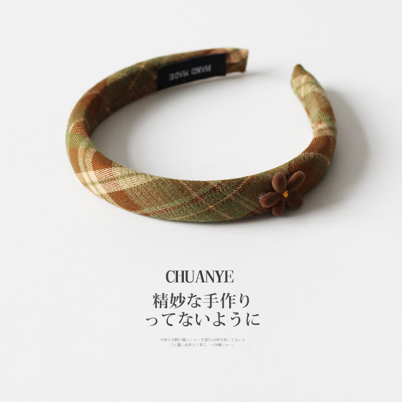 川野绿棕格纹花朵发箍复古文艺高颅顶布艺宽头箍少女时尚百搭发饰