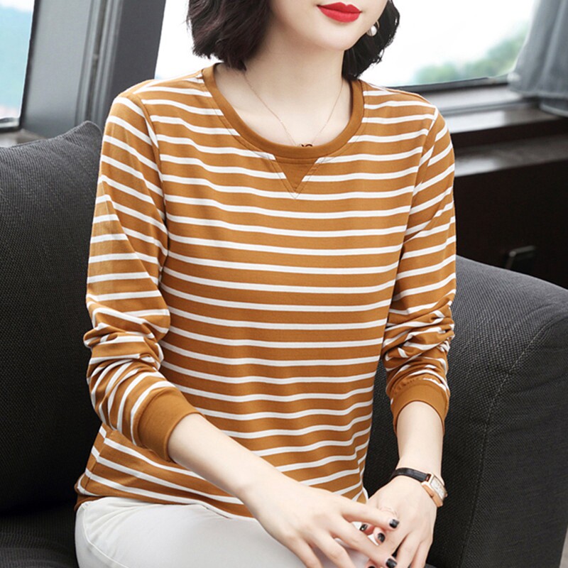 纯棉长袖t桖女 2024新款秋装条纹宽松圆领大码女装时尚上衣打底衫