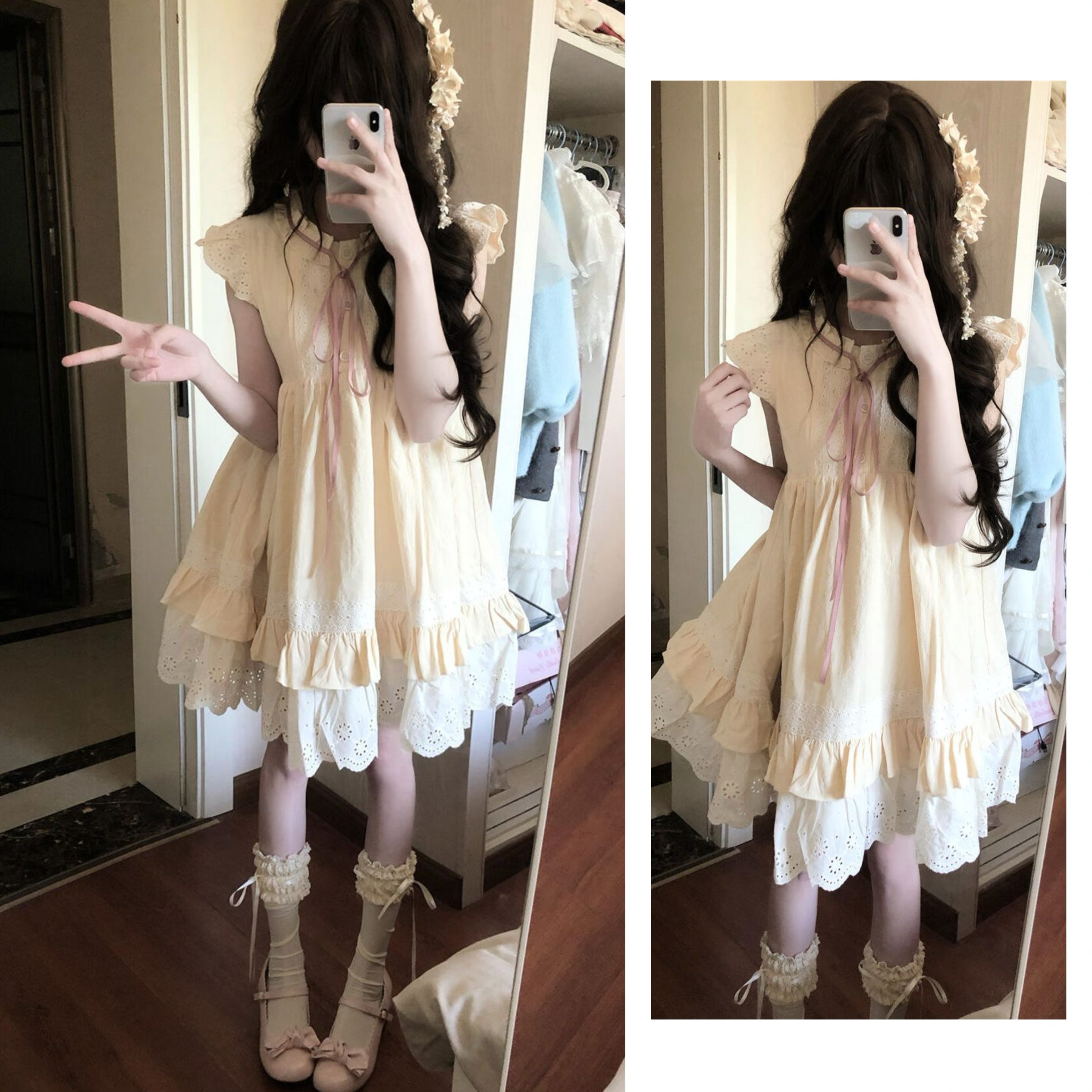2025新款夏季韩版学院风甜美收腰显瘦泡泡袖连衣裙女蕾丝花边短裙