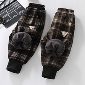 子秋冬款 男童休闲加厚毛呢裤 儿童冬季 女童加绒裤 一体绒薄绒格子裤