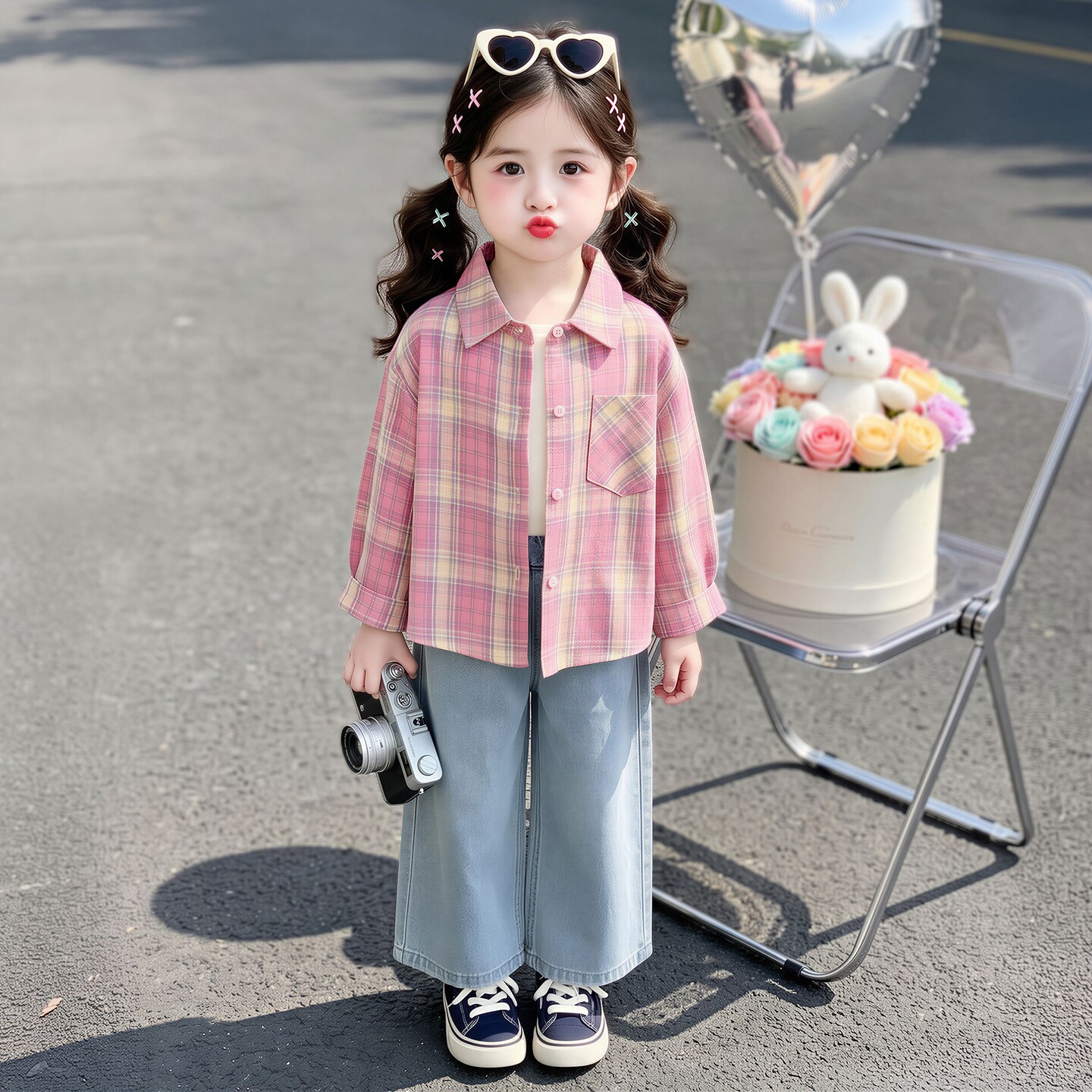 春秋薄款女童格子长袖衬衫洋气潮