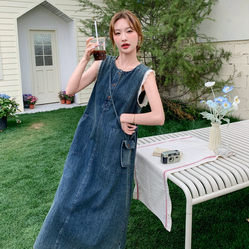 法式蕾丝花边配包无袖牛仔连衣裙女2025夏季新款宽松遮肚显瘦长裙,女装连衣裙,浙宝179