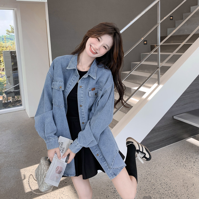 蓝色复古休闲牛仔衬衫外套女2025春季新款小个子宽松显瘦时尚上衣图片