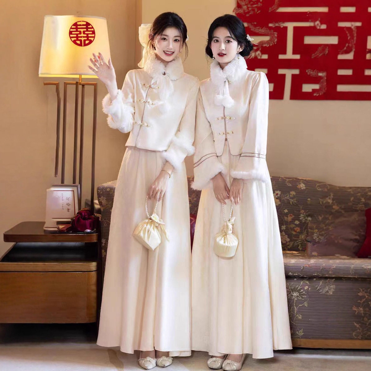新中式伴娘服2025秋冬新款香槟色姐妹团长袖加绒加厚礼服裙高级感