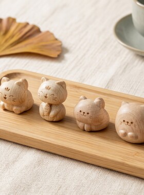 榉木年年有余治愈系猫摆件