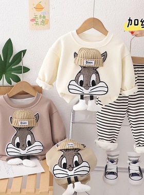 包邮Yikids女童男童可爱秋冬季童装婴儿宝宝卡通加绒卫衣卫裤