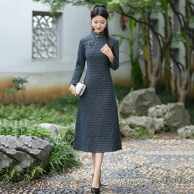 加厚秋冬装格子显瘦妈妈装国风新中式改良旗袍女复古中长袖连衣裙